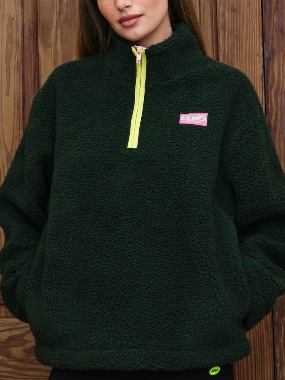 Women's Dairy Boy Dark Green Sherpa Half-Zip Fleece Jacket with Neon Zip